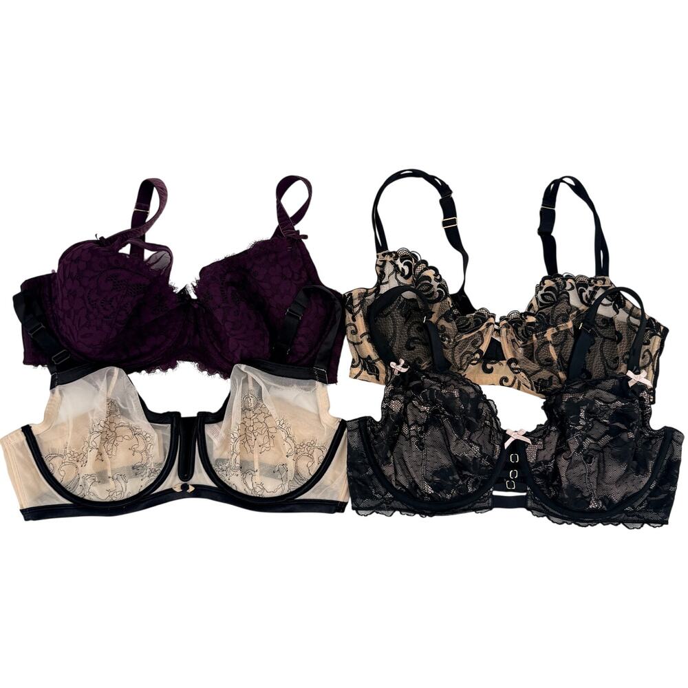 Cacique Size 42DD Bras Lot 4 Balconette Lace Underwire Black Burgundy Beige